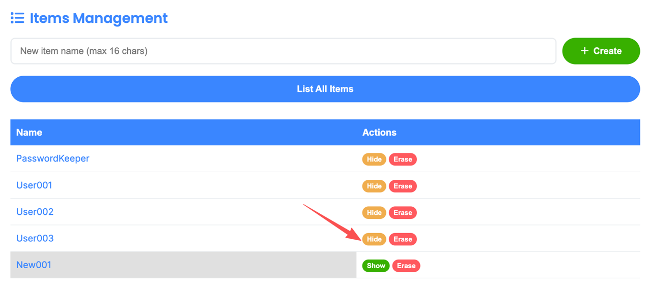 Hide and Erase actions